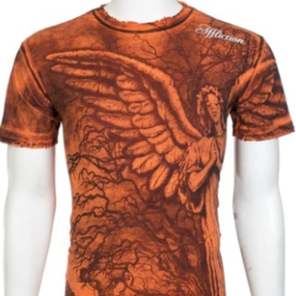 AFFLICTION Mens Short Sleeve GRAVE ANGEL Crewneck T-Shirt (Orange)